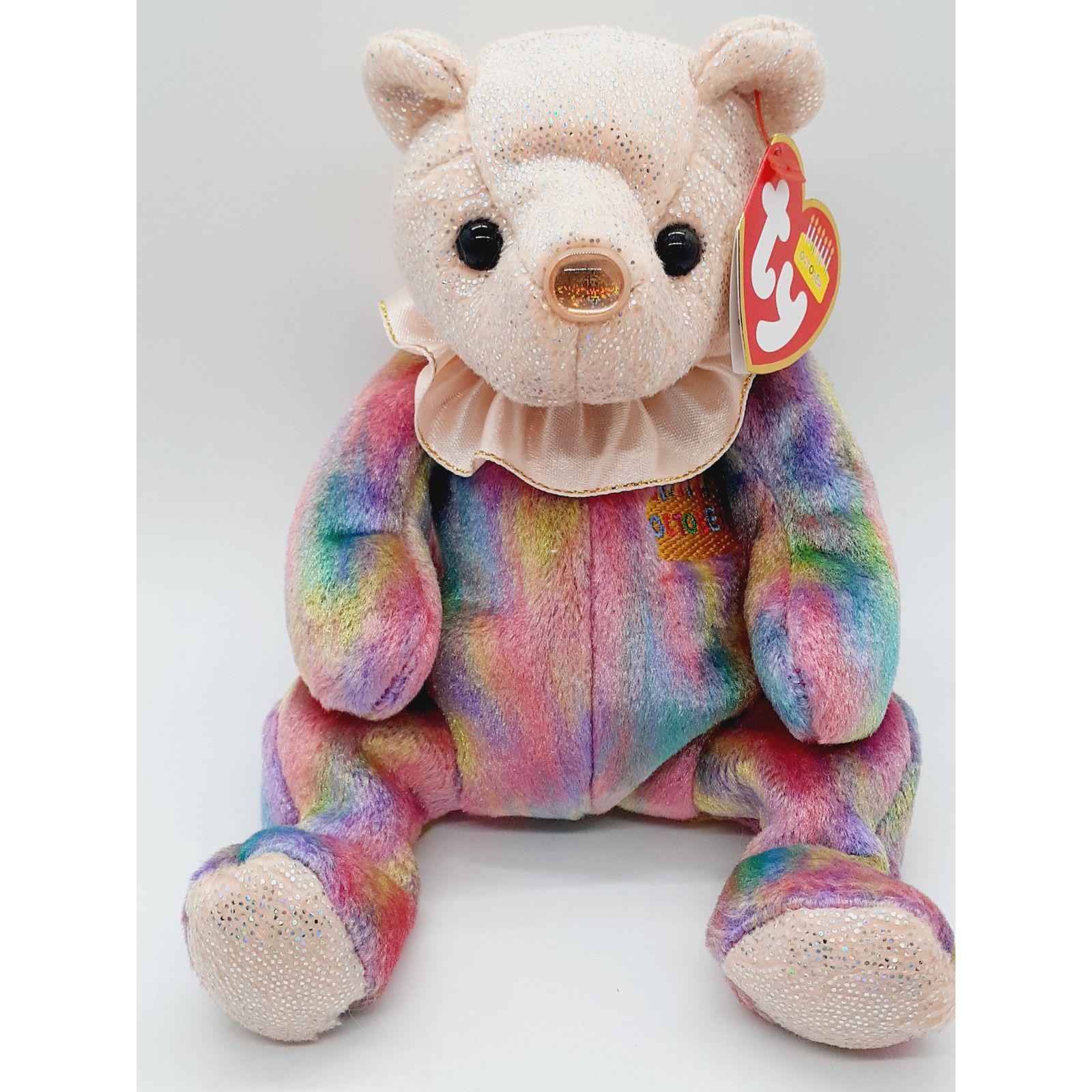 TY OCTOBER Happy Birthday Bear Beanie Baby - Opal Birthstone Bear