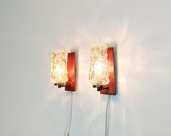 Vintage pair of sconces / wall lights, mid century, teak and brass