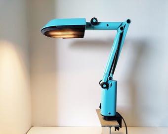 Lampa biurkowa w kolorze niebieskim, szwedzki skandynawski design, industrialny