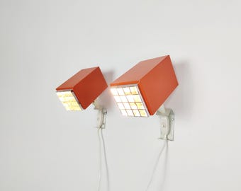 Pair of orange red 1970s wall lamps: Scandinavian space age design