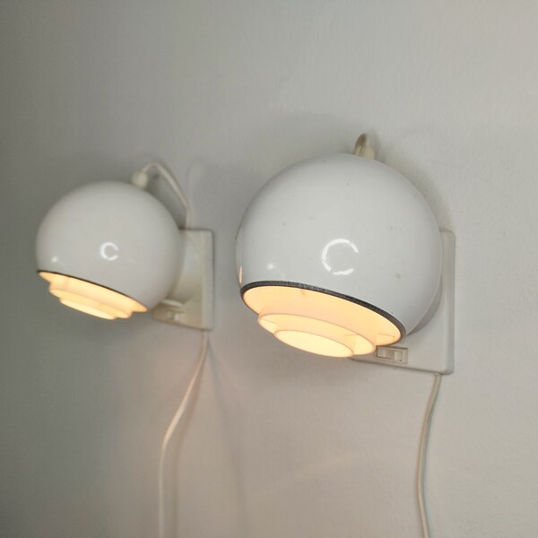 Vintage atomic eyeball wall lamps, 1960s - 70s, Artilux Sweden, space age design, magnetic globe white sconces, pendant lamps