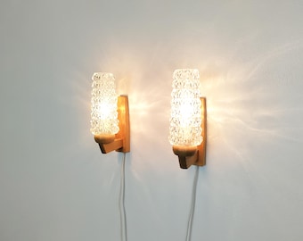 Vintage Paar Wandleuchten, Mid Century, Eiche und Glas