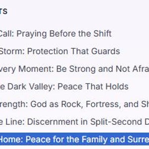 May include: A table of contents list with seven numbered entries. The text includes titles such as Covering the Call, Shelter in the Storm, Courage for Every Moment, Presence in the Dark Valley, Refuge and Strength, Wisdom on the Line, and Bringing Him Home.