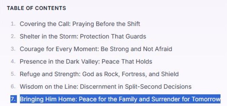 May include: A table of contents list with seven numbered entries. The text includes titles such as Covering the Call, Shelter in the Storm, Courage for Every Moment, Presence in the Dark Valley, Refuge and Strength, Wisdom on the Line, and Bringing Him Home.