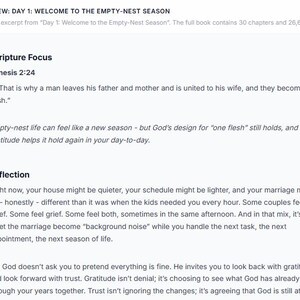 Pu&ograve; includere: Un'anteprima di documento digitale intitolata Day 1: Welcome to the Empty-Nest Season. Include una sezione Scripture Focus con Genesi 2:24, seguita da un paragrafo di riflessione sul matrimonio, il nido vuoto, la gratitudine e la fiducia in Dio.