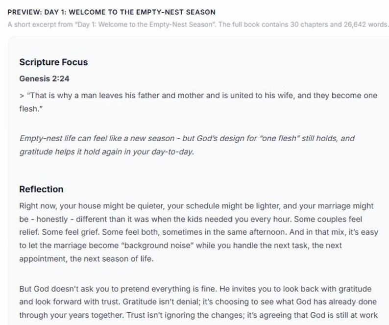 Pu&ograve; includere: Un'anteprima di documento digitale intitolata Day 1: Welcome to the Empty-Nest Season. Include una sezione Scripture Focus con Genesi 2:24, seguita da un paragrafo di riflessione sul matrimonio, il nido vuoto, la gratitudine e la fiducia in Dio.