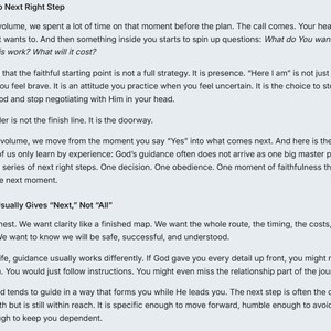 May include: A printed page of text titled From Yes to Next Right Step, followed by paragraphs discussing spiritual guidance, surrender, and the concept of taking one step at a time. The text includes the section heading Why God Usually Gives Next, Not All.