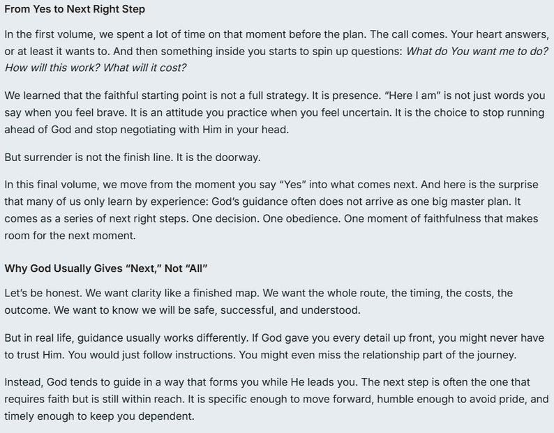 May include: A printed page of text titled From Yes to Next Right Step, followed by paragraphs discussing spiritual guidance, surrender, and the concept of taking one step at a time. The text includes the section heading Why God Usually Gives Next, Not All.