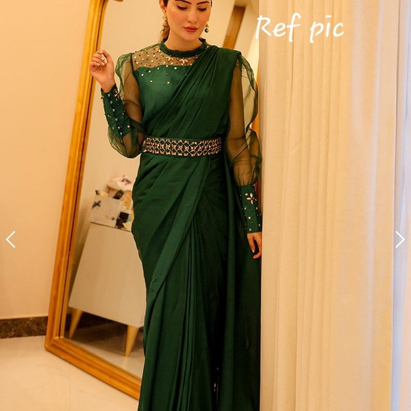 Green Ready To Wear One Minute Cocktail Saree- Bottle Green Ruffle Hem Sequins Saree With Boat Neck Blouse-  size S bust 38"