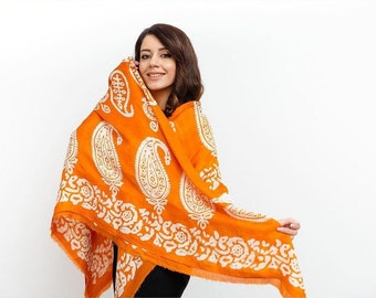 Orange W/ White Paisley Pattern Handmade Silk Scarf - Elegant & Soft Multipurpose Scarves For Ladies | Women Accessories Gifts For Birthdays
