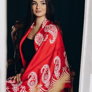 Red and White, Pure Silk, Scarves for women, Hand painted, Women Scarf/Dress/Bandana/Veil, Azerbaijan scarf