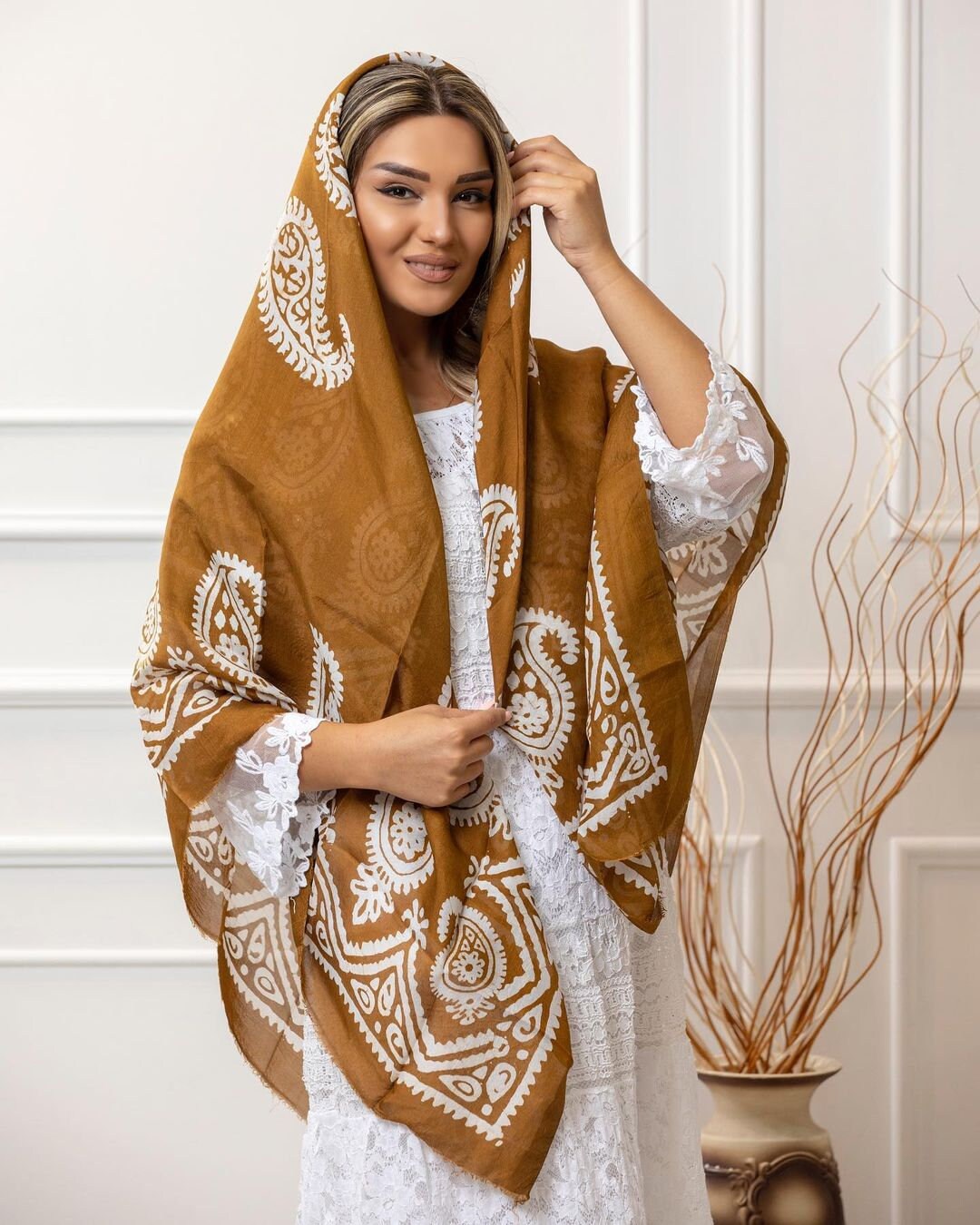 100% Silk Scarf Coffee, Beige Silk Shawl, Made in Azerbaijan