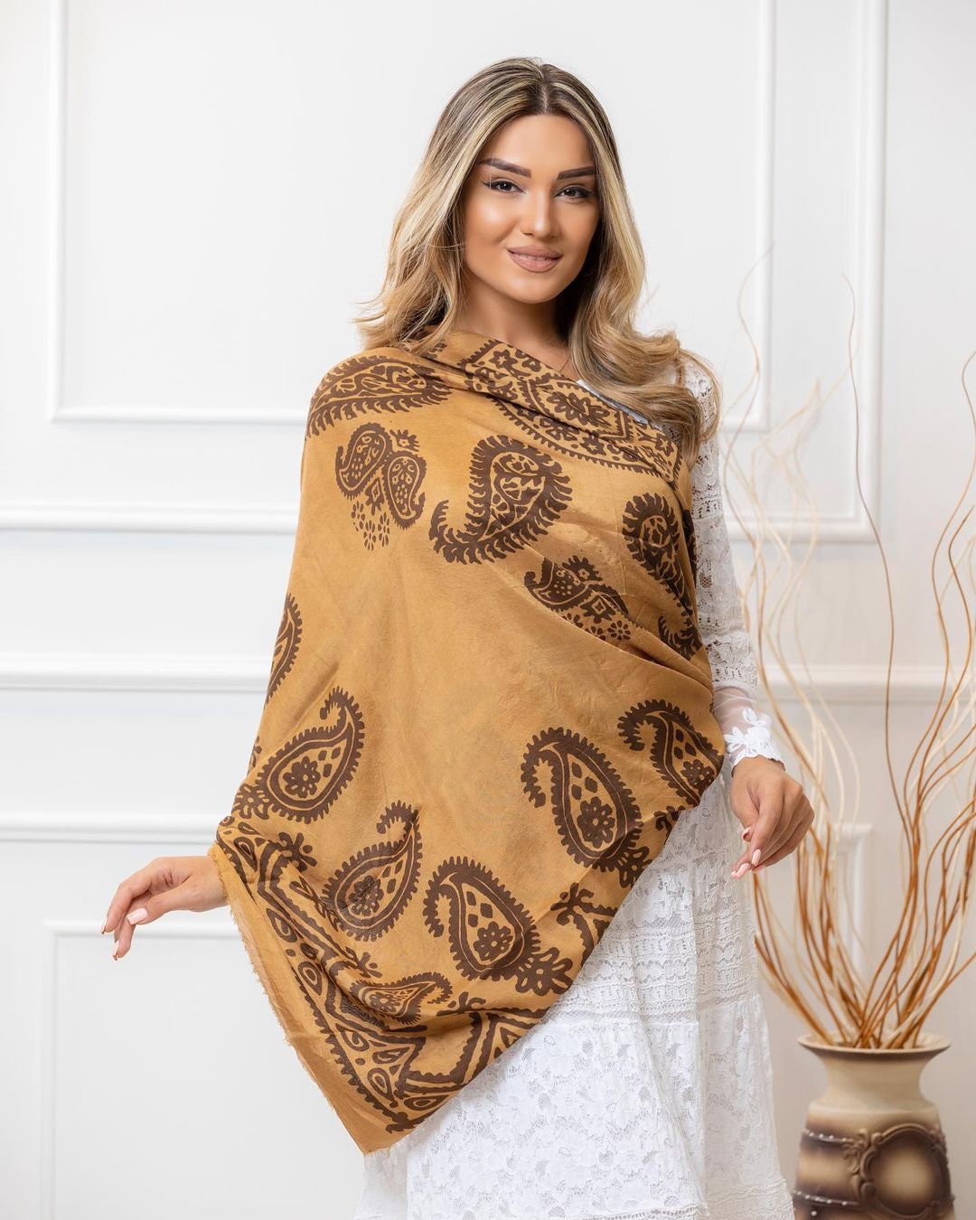 100% Silk Scarf Coffee, Beige Silk Shawl, Made in Azerbaijan