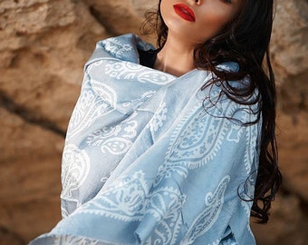 Pearl Blue Pure Silk Scarf and Shawl, Silk Scarves and Wraps, Large Light Blue Silk Blanket Scarf