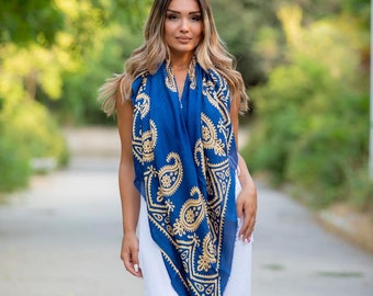 Blue and Gold Silk Wrap, Silk Shawl, Silk Scarf, Pure Silk from Azerbaijan