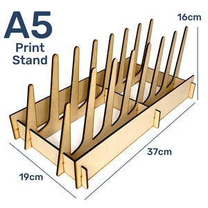 May include: A wooden A5 print stand with 10 slots for holding prints. The stand measures 19 inches by 37 inches by 16 inches.