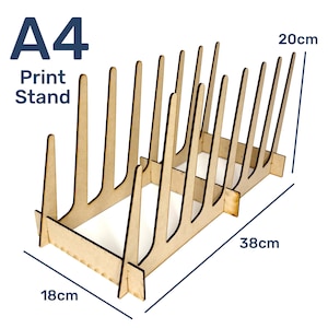 May include: A wooden A4 print stand with 18 inch width, 20 inch height, and 38 inch length.