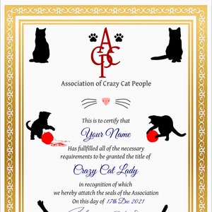 Crazy Cat Lady / Dude ect. Novelty Certificate