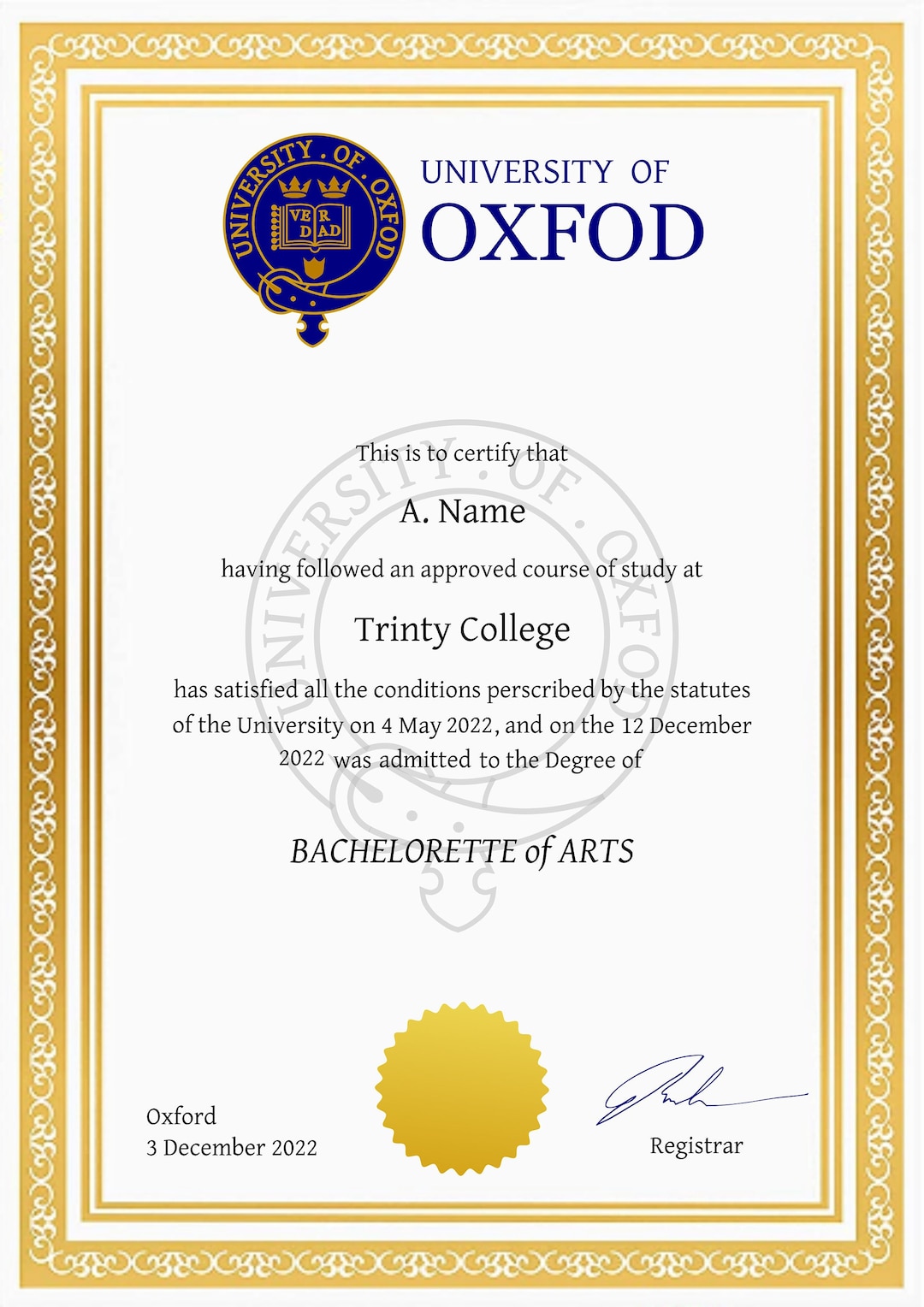 Novelty 'OXFOD' University Degree Certificate Etsy UK