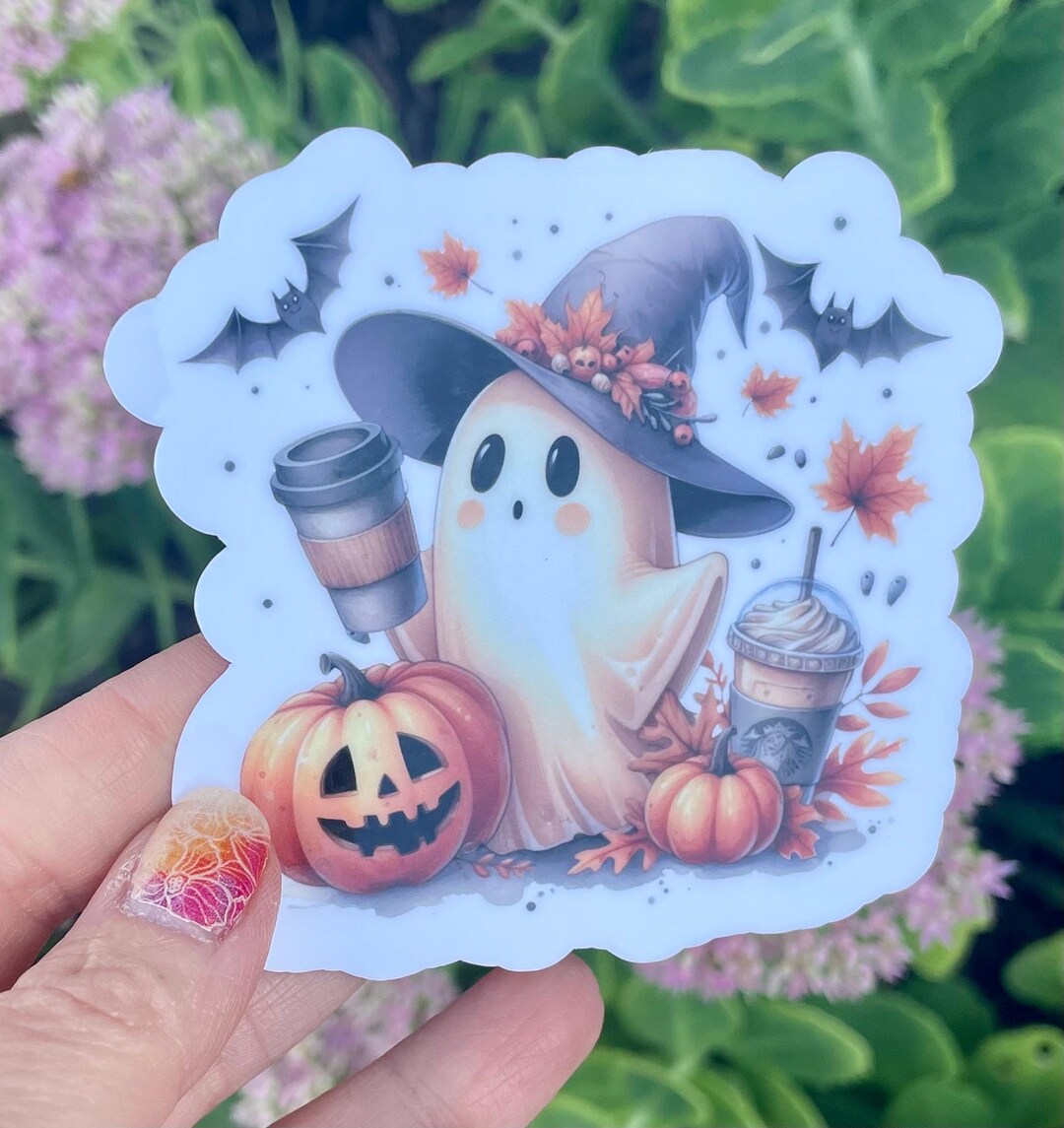 Cute Ghost With a Witch Hat, a Latte, Bats and a Pumpkin Halloween ...