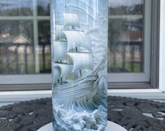 Nautical Ship Tumbler: Ocean Waves 20oz Stainless Steel, Lid & Straw