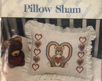 WonderArt Sweetheart Bear Pillow Sham Cross Stitch Kit #9205 w / Thread Open