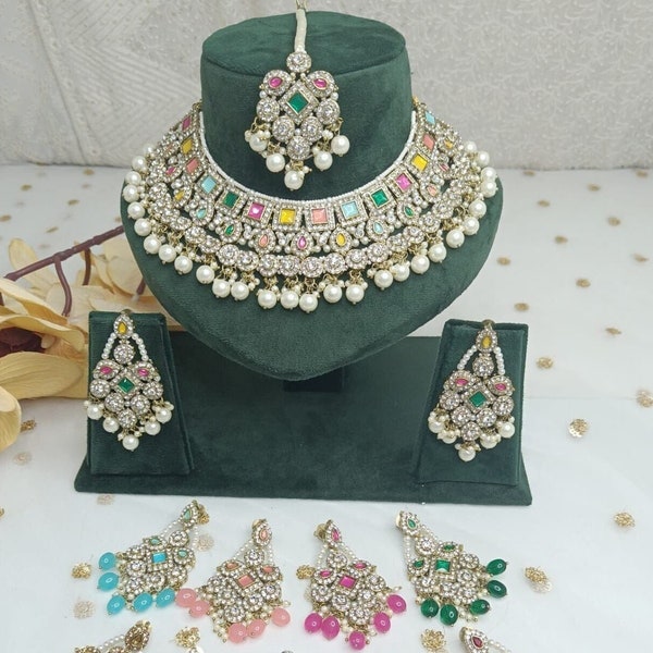 Indian bridal jewelry set/pakistani choker Set with tikka/bollywood jewelry/Pink Indian choker/simple indian choker/Sabyasachi necklace