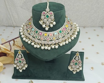 Indian bridal jewelry set/pakistani choker Set with tikka/bollywood jewelry/Pink Indian choker/simple indian choker/Sabyasachi necklace