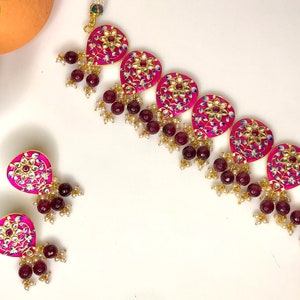 Hand Painted Meenakari Jewelry Set: Kundan Necklace, Earrings