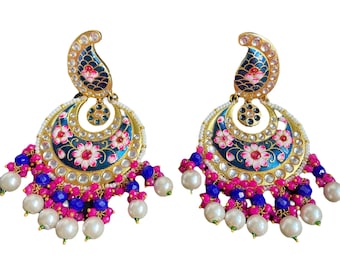 Indian chandbali/lightweight indian earrings/sabyasachi inspired jhumka/bollywood earrings/kundan pink gold jhumka/gold and blue jhumka set