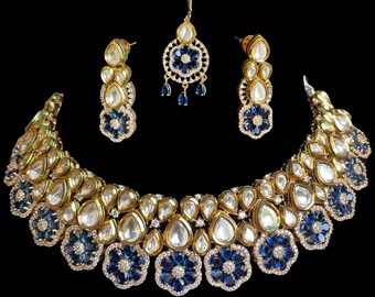 Gargantilla india de diamantes azules con tikka jhumka: conjunto de joyas kundan de oro rosa