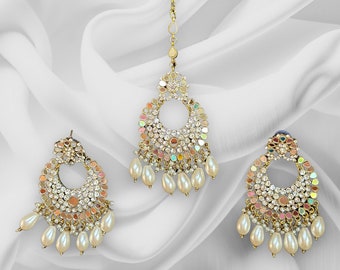 Silver Polki Tikka Earring Set: Kundan Indian Bridal Jewelry