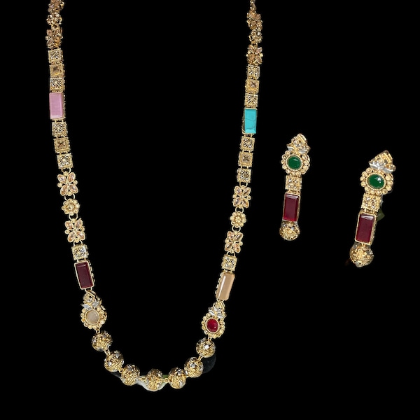 Long Rani Haar ruby multi pearl/nauratan Indian Necklace/Kundan jadau Necklace/Indian Bridal Jewelry/Semi Precious hyderabadi statement set