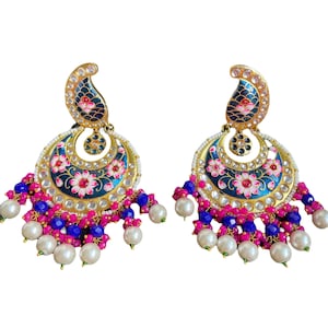Indian chandbali/lightweight indian earrings/sabyasachi inspired jhumka/bollywood earrings/kundan pink gold jhumka/gold and blue jhumka set