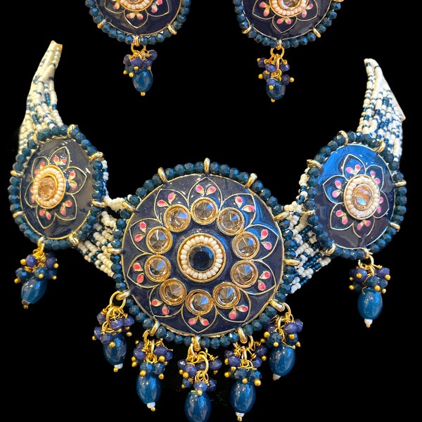 Tour de cou Meenakari avec boucles d'oreilles/Collier de mariée Kundan/Bijoux Bollywood/Collier bleu pakistanais/Perle et tour de cou Meena rouge et bleu/Simple