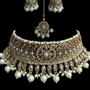 Indian Full Bridal set/Indian Wedding Kundan Choker multi/Polki white Necklace/Pakistani Wedding Jewelry with tikka/Punjabi Wedding Choker