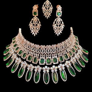 Emerald Diamond Indian Choker: Rose Gold Tikka Jhumka Set