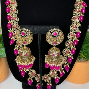 Pink Kundan Indian Bridal Jewelry Set: Long Polki Necklace