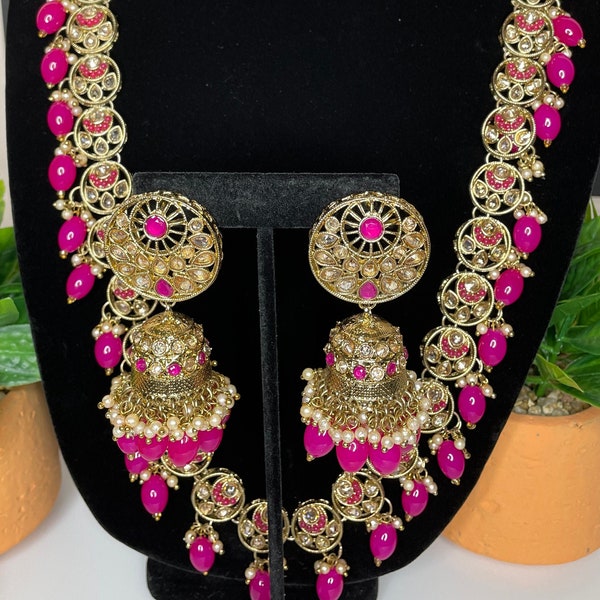 Bollywood Jewelry/Long Indian necklace/Long kundan Necklace/Indian Bridal Set/Sabyasachi jewelry/Polki necklace/Rani Haar/Pink Indian set