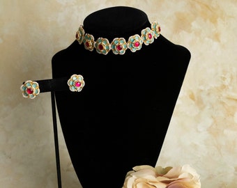 Set da sposa indiano / set di girocollo pachi kundan / gioielli floreali / girocollo indiano rosa / girocollo indiano grigio / gioielli floreali / collana Valima / Sabyasachi