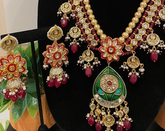 Collar Kundan Jhumka: joyería india Polki, conjunto nupcial rojo y verde
