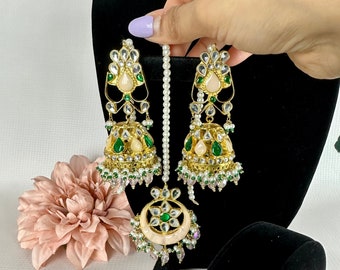 Pink Meenakari Jhumka Earring with Tikka Set: Indian Wedding Jewelry