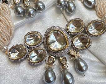 Polki Diamond Choker Set: Kundan Silver Indian Jewelry