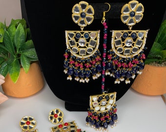 Kundan Jhumka Earrings with Tikka: Punjabi Jewelry Set