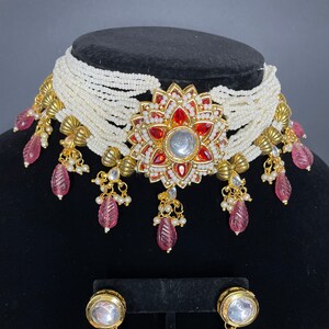 Indian bridal pearl pink choker/white pastel light necklace/Polki red jewelry/pakistani Wedding Jewelry/Sabyasachi necklace with jhumka stud