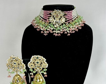 Pastel Indian Choker Set: Wedding Jewelry with Jhumka Earrings & Tikka