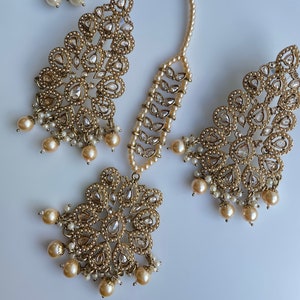 Champagne Polki Choker Earrings & Maang Tikka: Indian Bridal Jewelry Set
