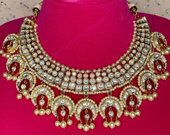 Gold Kundan Indian Necklace with Pearl Earrings