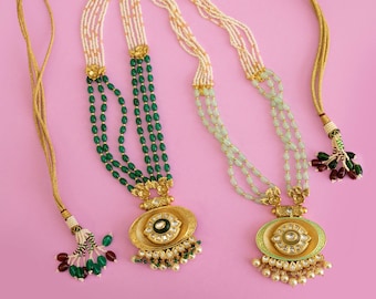Joyería nupcial india Kundan: conjunto de mala largo bañado en oro