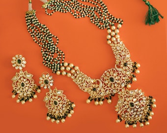 Joyería nupcial india Kundan: Conjunto Rani Haar Mala verde y dorado